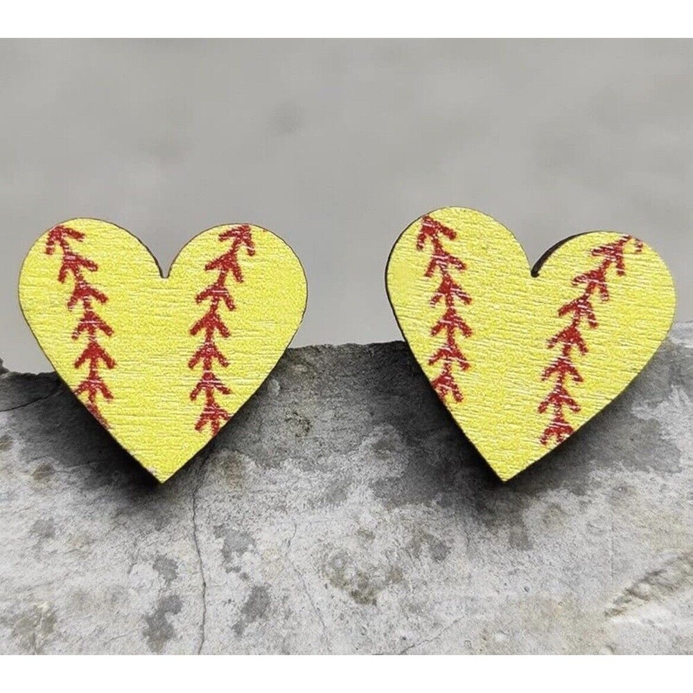 Wood Earrings Baseball Studs Heart Red Yellow